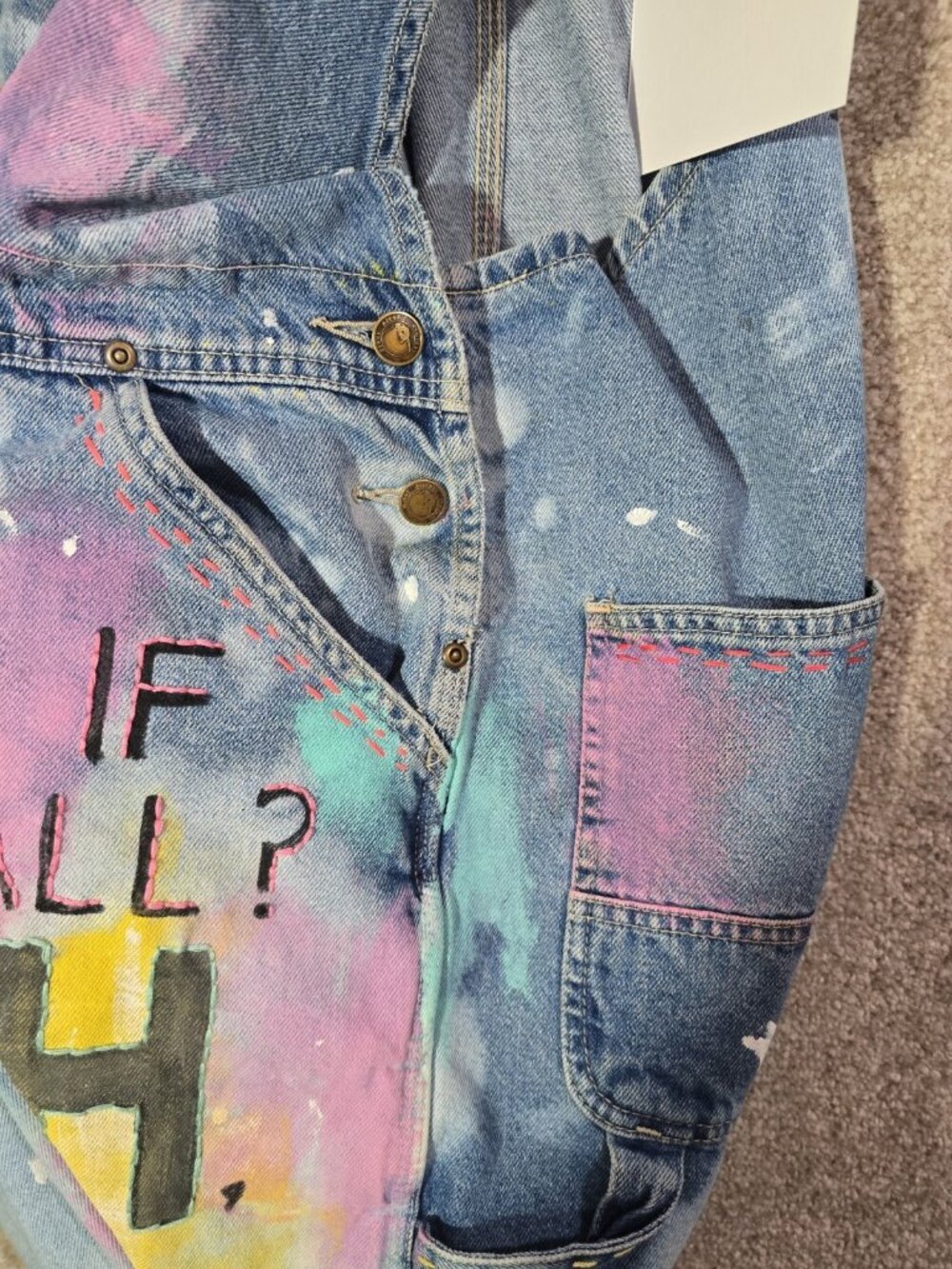 OOAK Upcycled Artwear Oversized Denim Overalls Painted Slow Stitched Boho Whimsy - Picture 16 of 16
